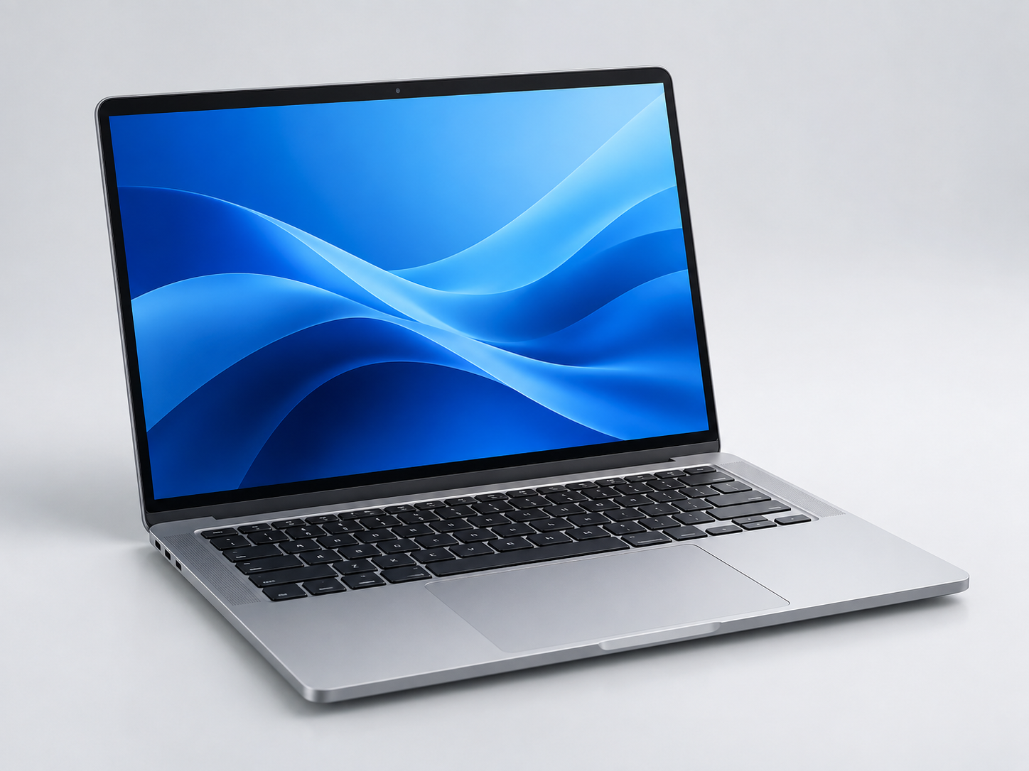 Modern silver laptop with a blue screen
